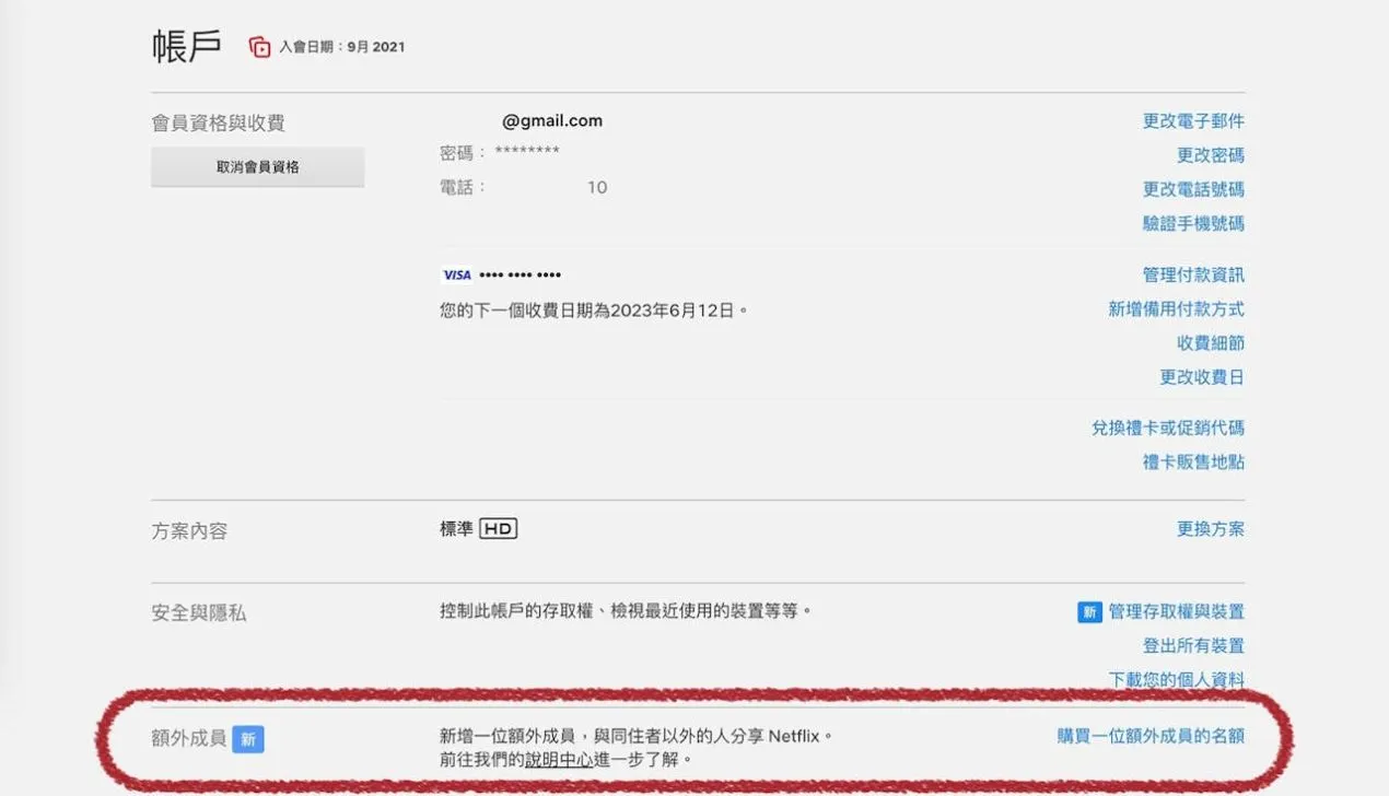 Netflix 額外成員設定介面示意圖